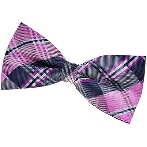 Retreez Elegant Plaid Check Woven Microfiber Pre-tied Bow Tie (5") - Pink and Grey Cover