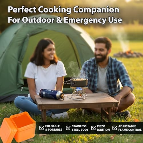 Image of HACER Camping Gas Stove with Piezo Ignition & Storage Box Portable Stainless Steel Outdoor Cooking Folding Burner for BBQ HikingTrekking Traveling and Emergency Use (Without Cylinder)