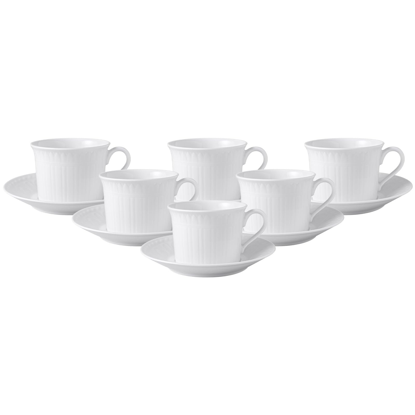 Villeroy & Boch Cellini Cappuccino Tassen mit Untertassen 6er Set, 350 ml, Milchkaffee-Set mit antiker Relief-Optik, Premium Porzellan, Weiß