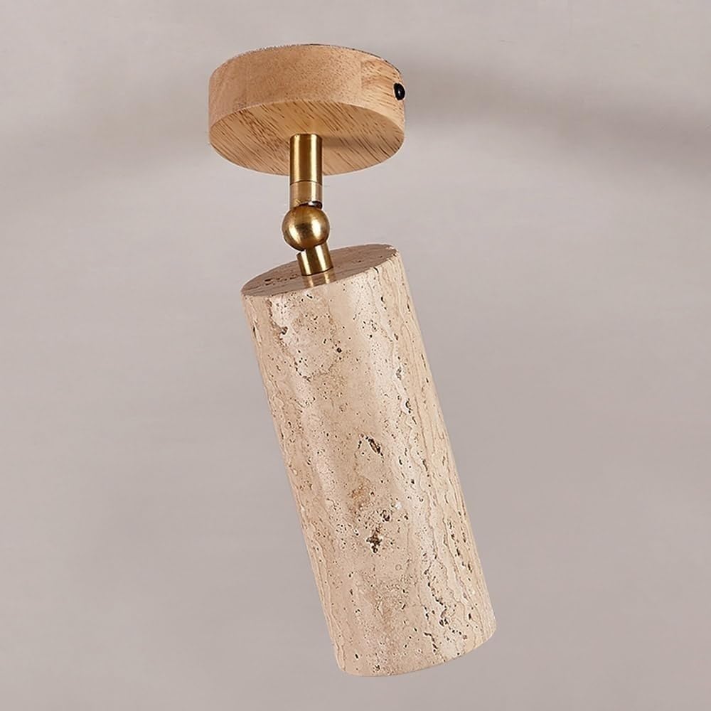 NHPJFDC Modern Yellow Travertine Wall Sconce with Natural Wood Base Adjustable Swivel Stone Spotlight 180 Degree Rotating Gallery Lamp for Bedside Living Room E26Warm Light 6.3 Inch Height