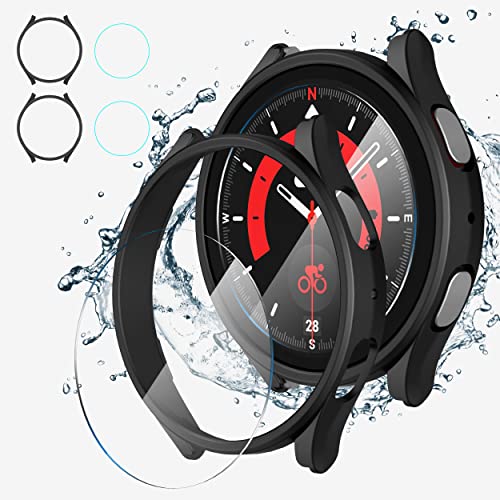 Suoman 2+2 Pack for Samsung Galaxy Watch 5 Pro 45mm Case [Anti-Scratch] 9H Tempered Glass Screen Protector All-Round PC Matte Protective Cover Bumper -Black