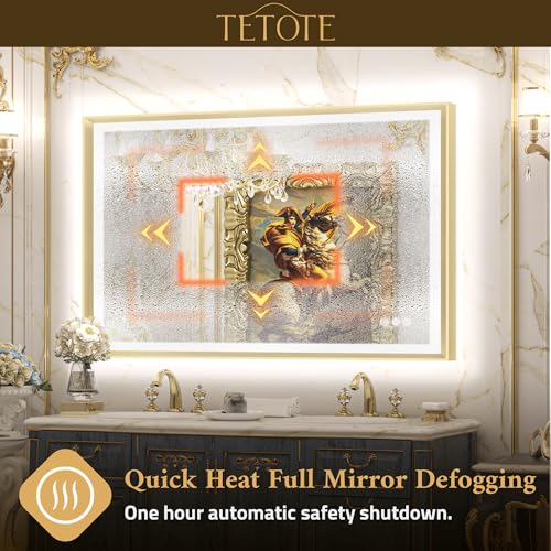 TETOTE 48x36 LED Mirror for Bathroom Gold Metal Frame Frontlit & Backlit Lighted Vanity Mirror Baroque Anti Fog Stepless Dimmable White/Warm/Natural,CRI90+,Waterproof,Wall Mounted(Horizontal/Vertical) by TETOTE - Image 5
