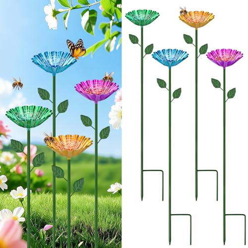4Pcs Metal Bee Watering Stations with Anti-Drowning Landing Pads Insect Drinking Cups Rustproof Flower Shaped Bee Feeder Waterproof Colorful Butterfly Feeders for Outdoor Garden Yard Decor