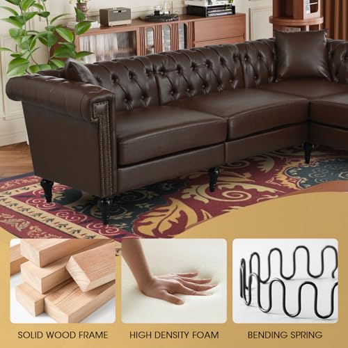 Image of 99.4 Inch 5 Seat L Shaped Couch Faux Leather Sectional Couch with Three Pillows Chesterfield L Shaped Sofa PU Leather Sectional Couches for Living Room Brown