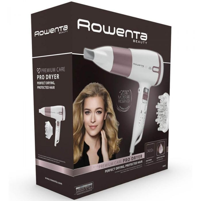 Rowenta Pro Respect Premium Care CV7461F0 hair dryer, 2400 W, 3 temperature settings, 2 speeds, ionization function, active diffuser, hanging ring, white