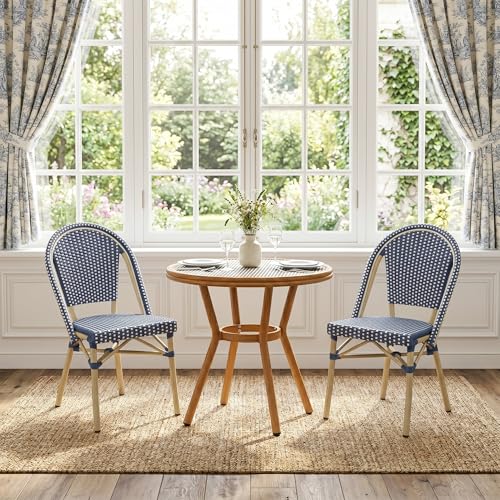 Image of PURPLE LEAF Patio Dining Chairs Set of 2 Outdoor French Aluminium Chairs in Champagne Finish Woven PE Rattan for Indoor Kitchen Deck Bistros Cafe Restaurant Navy Blue