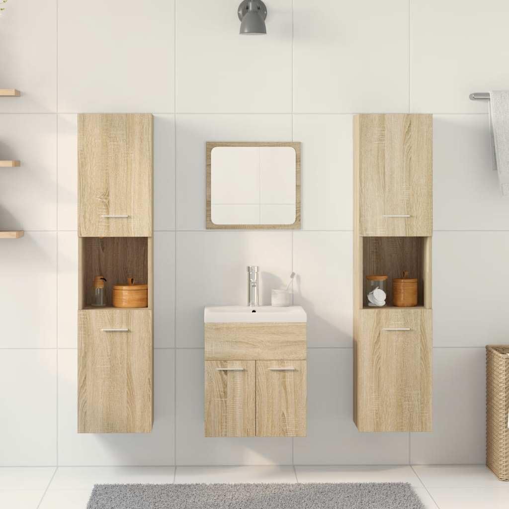 Set Mobili da Bagno 5 Pezzi Rovere Sonoma Legno Multistrato | Lavabo in ceramica bianco, specchio in vetro, montaggio a parete, ampio spazio portaoggetti