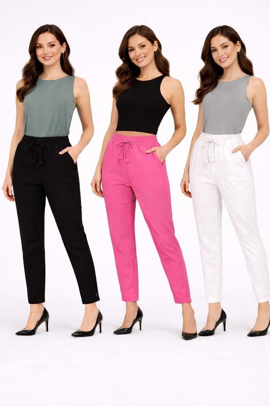 Women Girl's Pack of 3 Solid Colour Stylish Trouser Pants| Comfortable, Breathable, Lightweight-picture-12