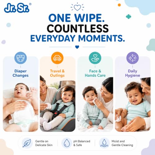 Image of Jr. Sr. Baby Wipes With Lid | 72 Wipes x Pack of 3, 216 Wipes | Safe & Moist Wet Wipes for Babies | Prevents Rashes & Redness with Goodness of Aloe Vera, Vitamin E & Chamomile Oil | No Paraben & No Alcohol