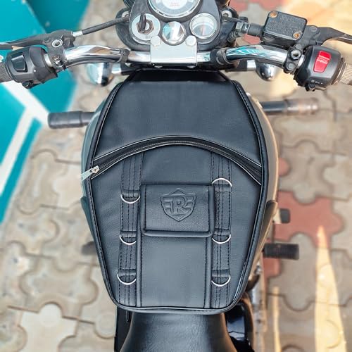 Image of Leatherette Scratch Proof Tank Cover| Tank Bag Compatible for Royal Enfield Classic /Electra /Bullet /Standard, Mobile Pocket with Zippered Compartment and Metal Rings Tank Cover - Black
