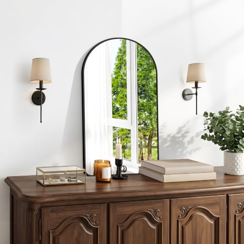 Image of BONEWEI Arched Wall Mirror,18x30 inch Black Arched Mirror Bathroom,Vanity Mirror for Over Sink Metal Frame,Tempered Glass Arch Mirrors for Bedroom,Entryway,Living Room,Home Decor Shatter-Proof