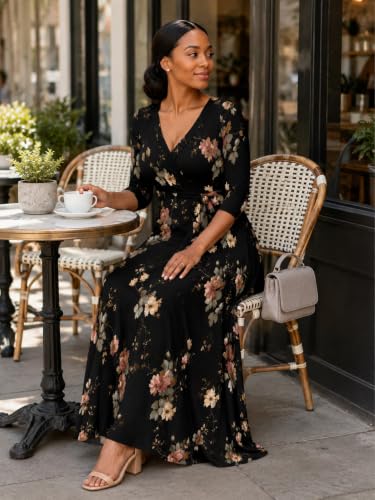 Image of SUZONANA Plus Size Dresses for Women Floral Print Maxi Dress Flowy 3 /4 Sleeve with Belt