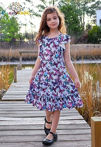 Funnycokid Girls Ruffle Sleeve Dress Kids Summer Clothes Flutter Hem Sundress Outfit with Belt 6-13 Years2