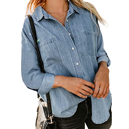 ESSECMBS Chemise en Jeans Manches Longues pour Femme Chemisier en Jeans à Bouton Décontractée Denim Shirt Blouse Top (Bleu Clair, S) Cover