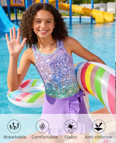 Image of Girls Swimsuit 3 Piece Bathing Suit Quick Dry Tankini Set with Cover Up Beach Skirt Tankini Swimwear 5-16 Years