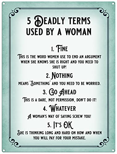 Small (150 x 200mm) Metal Sign - 5 Deadly Terms by a Woman, Multicolour