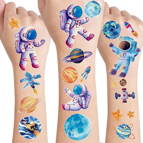 CharmBurst 12 Hojas de Tatuajes de Brillo Espacial para niños, Tema de Planetas, Tatuajes temporales para Fiesta Espacial, Regalo de cumpleaños Infantil y Astronauta