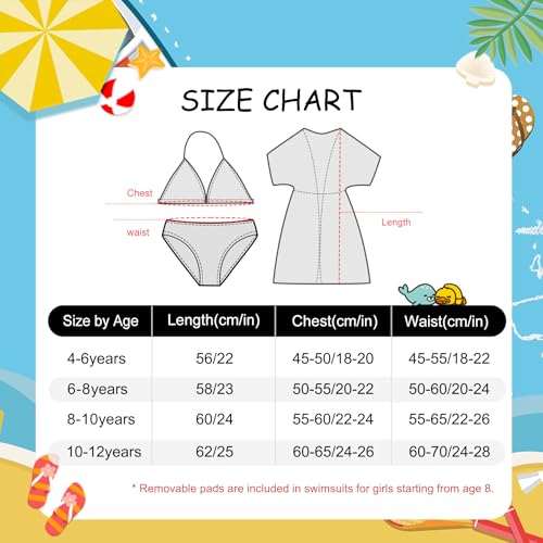 POWER FLOWER Mädchen 3-teiliges Badeanzug-Set, Bikini-Set mit Coverup zum Schwimmen, Zweiteiliger Badeanzug mit Coverup für Mädchen von 4 bis 16 Jahren (8-10 Years, LA665-Blue)