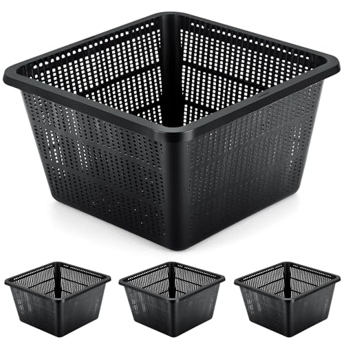 RimCereal 4 Pcs Aquatic Plant Baskets for Hydroponics Water Garden Plant Pots Black Plastic Mesh Basket 9 x 9 x 5.2 Inch Square Pond Containers for Island Live Aquarium Botany Flowers