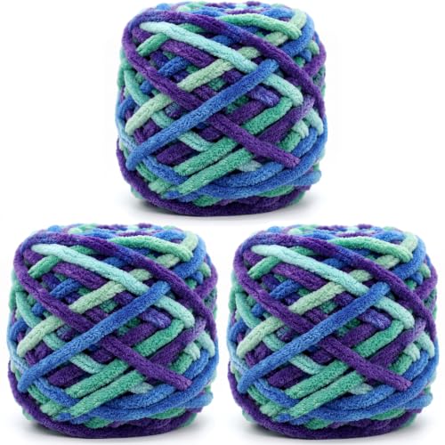 Image of Chunky Chenille Yarn for Crocheting,Ocean Fluffy Velvet Plush Yarn Thick Soft Chunky Chenille Yarn Baby Blanket Yarn for Crocheting Knitting Beginners 3 * 100g(Ocean Tone)