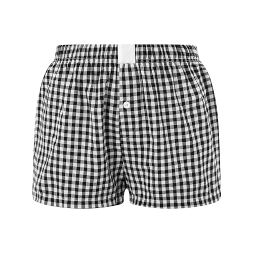Image of Women Pajamas Shorts Micro Boxer Shorts Y2K Cute Gingham Sleep Lounge Shorts Checkered Plaid Button Pj Mini Shorts
