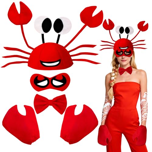AgagaQx Disfarce caranguejo engraçado, 4 peças disfarces carnaval engraçado, disfarces animais para adultos, chapéu impactante gravata borboleta luvas anti-face vermelho brilhante, disfarce de animal