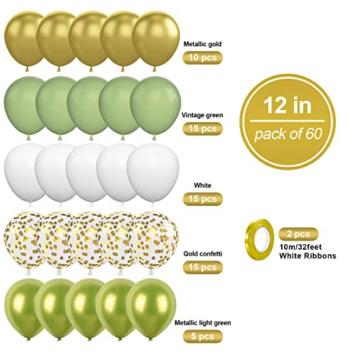 Image of Green Gold Balloons Set, 60PCS Sage Green White Balloons, 12Inch Retro White Latex Balloons Metallic Green Gold Helium Balloons Birthday Party Decoration for Birthday Wedding Baby Shower Supplies