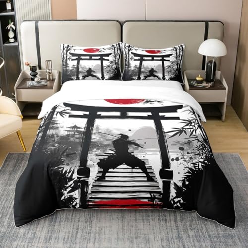 richhome Enfants Samuraï Ensemble de literie Garçons Filles Coucher de Soleil Housse de Couette 240x260cm Japon Style Japonais 100% Coton Parure de LitA Encre et...