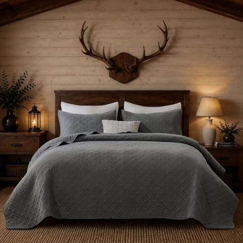 King Quilt Set with Shams Lightweight Quilted Bedspread Coverlet Thin Comforter Bed Cover Vintage Washed Quilted Blanket for All Season Brushed Microfiber Diamond Stitching Ash Gray 104x92
