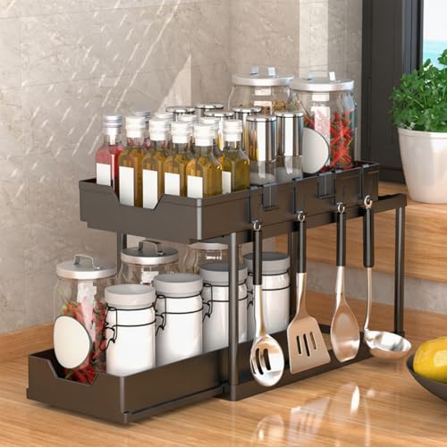 Estante Bajo Fregadero de 2 Niveles con Cajón Deslizante para Organización Multiusos de Almacenamiento para Cocina y Baño miniatura 4