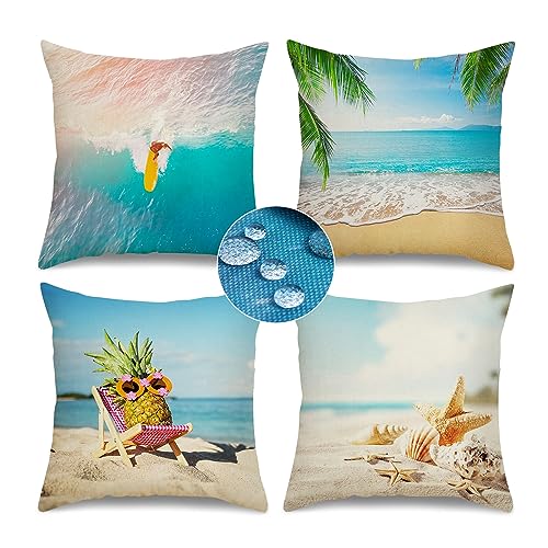 Kissenbezüge 4er Set 45x45, Sofakissenbezug Leinen Zierkissenbezüge Leinen Kissenhüllen Outdoor Maritime Kissenbezüge Surfen Kissenhülle Sommer Blau