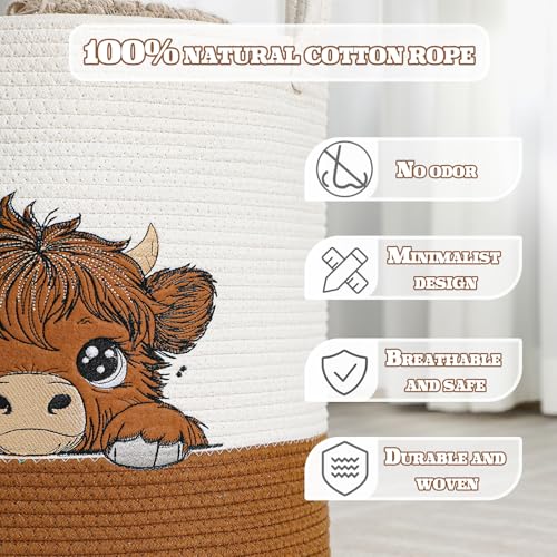 Image of Honeydak Highland Cow Laundry Basket Brown Tall Cotton Rope Laundry Hamper Large Nursery Storage Basket for Toy Clothe Bathroom Bedroom Organization Decor, 15 x 17.7 Inches