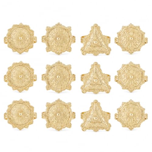 Napkin Rings Set of 12, Bohemian Coastal Napkin Ring Holder for Table Decorations, Dinner, Party, Wedding, Banquet, Metallic Adornment for Table Settings - Light Gold