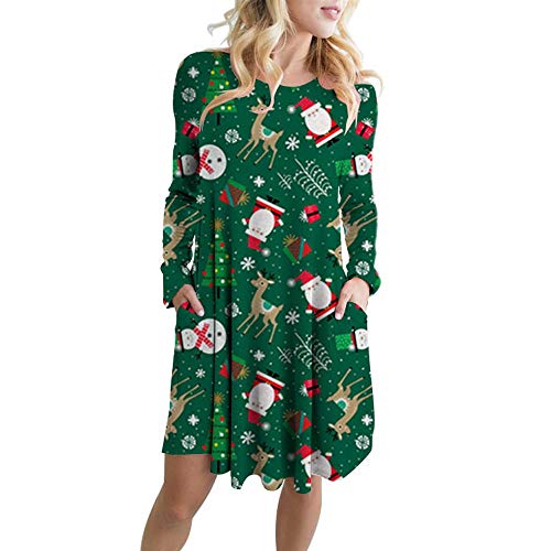 JURTEE Women's Christmas Print Autumn Winter Casual Shift Dresses Long Sleeve Mini Dress with Pockets(XL,Green)