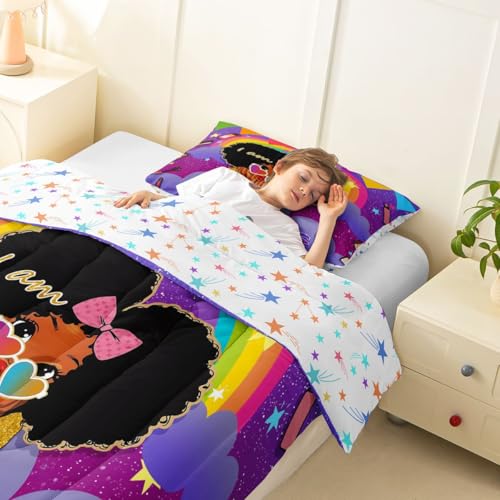 Image of Erosebridal Black Girls Toddler Comforter Set African Princess Bedding Set Dreamy Rainbow Magical Comforter Cute Little Princess Bed Sets for Kids Melanin Bedroom Decor (1 Comforter, 1 Pillowcase)