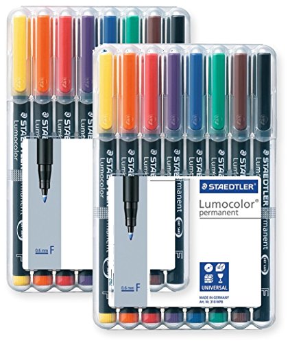 STAEDTLER 318 WP8 Lumocolor Universalstift F-Spitze, circa 0.6 mm, permanent, 8 Stück in aufstellbarer Box (8-fach sortiert | 2 Boxen, F-Spitze | permanent)