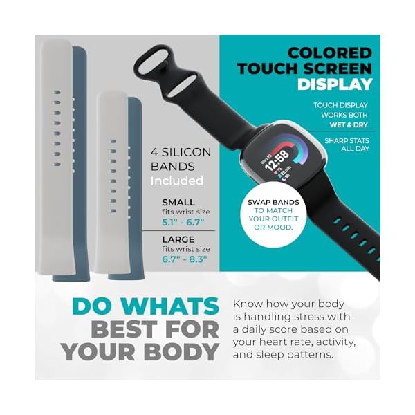 Fitbit Versa 4 Health and Fitness Smart Watch (Black) with GPS, 6 Day Battery Life, S & L Bands - Bundle with Blue and White Fitbit Versa 4 Bands for Women and Men, 2 Screen Protectors, Charger, Cloth - Image 6