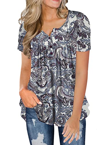 Folunsi Women's Plus Size Tops Short Sleeve Henley V-Neck Pleated Shirts Tunic Blouse 01 1X #TOP20