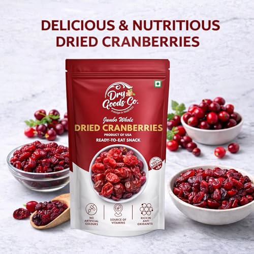 Image of Dry Goods Co. Dried Whole Cranberries 200g | Sweet & Tangy Cranberry Snack | Rich in Antioxidants | Perfect for Baking, Salads & Cereals | Imported Quality | Hygienically Packed