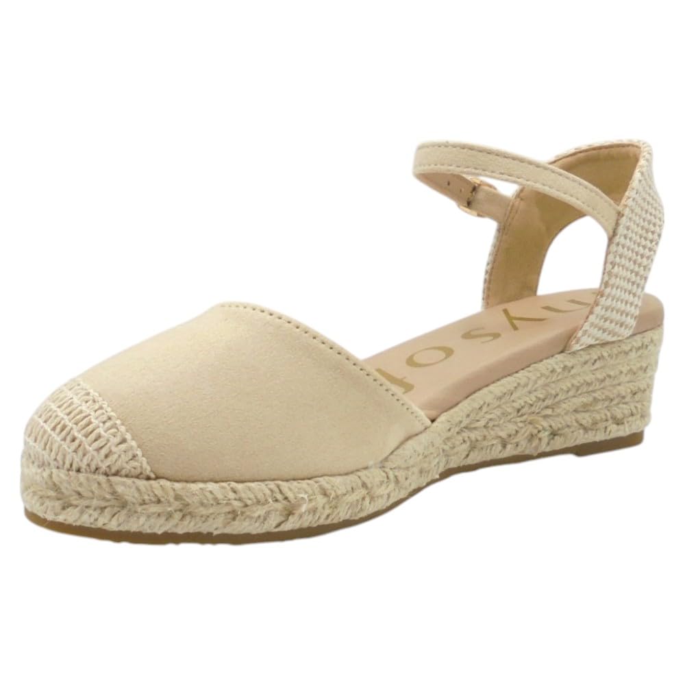 mysoft - 25M102 Alpargatas de Mujer Platino con Cuña 4 cm, Plataforma 2 cm, Cierre de Hebilla, Planta de Gel Acolchada y Puntos de Relajación para: Mujer
