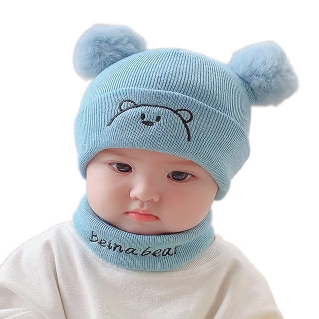 Baby Boys Girls Knit Woolen Hat Cap Neck Scarf Soft Wool Warm Acrylic Monkey Beanie Winter Capset for Unisex Kids (6Month - 3Yrs)