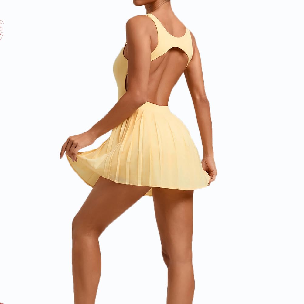 Vestido Tenis Mujer con Short y Sujetador Integrado, Vestido Deportivo Mujer Cuello Cuadrado Espalda Abierta, Plisado Fitness Yoga Golf con Bolsillo(L, Yellow)