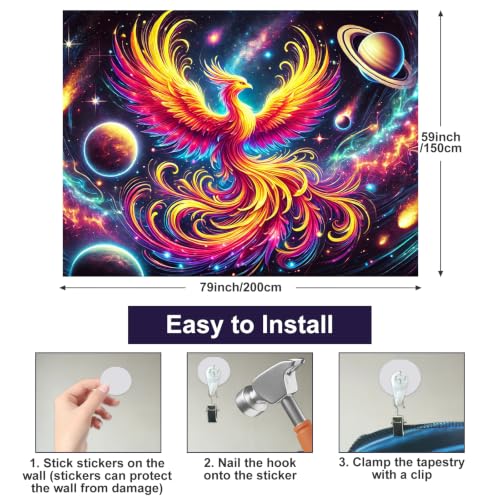 Image of BlissYard Phoenix Blacklight Tapestry 78x59 Inch Rainbow Rising UV Reactive Wall Hanging Cosmic Galaxy Scene Glow in Dark Backdrop Luminous Blacklight Tapestry Psychedelic Art