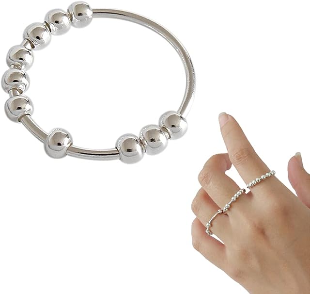 Home Holic Anxiety Ring Beads for Women, Sterling Silver Bead Ring Fidget Anxiety Ring Fashion Rotate Freely Bead Stress Relieving Rings for Gift, Daily Wear