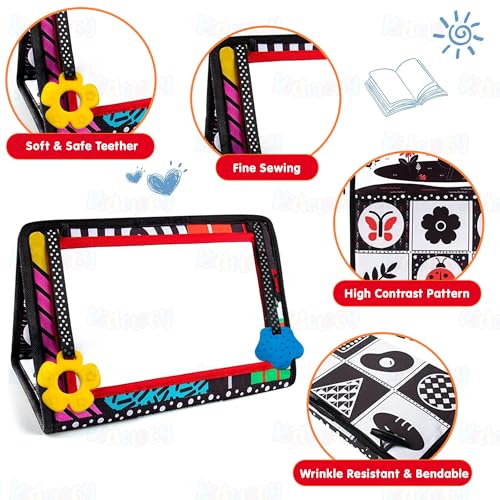 Image of Kidology Baby Mirror Book Toy | Infant Sensory Development with Soft Silicone Teether Tummy Time with High Contrast Black & White Cards ,Flaps & Foldable Design | New Born Gifts for 0-24 Months