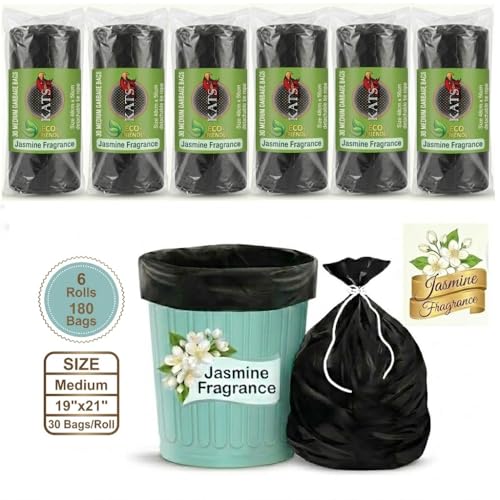 Image of KATS GLOBAL Premium (Jasmine Fragrance) Scented Garbage Bags | Medium 19 X 21 Inches | 180 Bags (30 Bags X 6 Rolls) | Dustbin Bag /Trash Bag | (Black) - Easy Dispensing