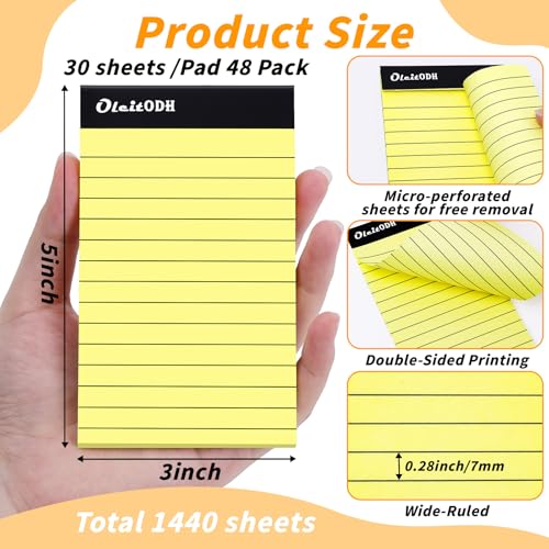 Image of Oleitodh 48 Pack 3 x 5 Inch Notepads Yellow Memo Pads Writing Pads | Perforated Lined Pages with 30 Sheets Each, Small Note Pads for Office, School and Home; Pocket Memo Pads for Lists and Notes