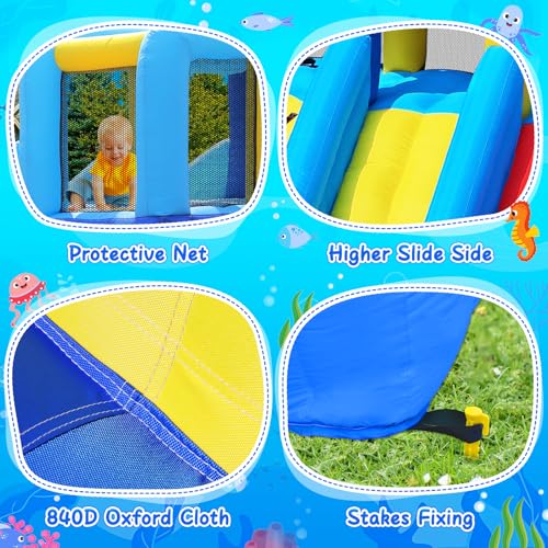 Water Bounce House Double Slide for Kids 3-12, Extra Large Inflatable Bouncy Castle with Long Slide, 550W Air Blower, Ball Pit, Swim Pool, Climbing, Bouncy House for Party Birthday Event