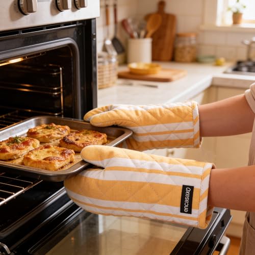 Image of Encasa XO Oven Gloves for Microwave (2 pc Set) - Heat Proof, Thick & Safe | Longer 18x30 cm Mittens for Protection in Kitchen Cooking & Baking - Franca Yellow Stripes