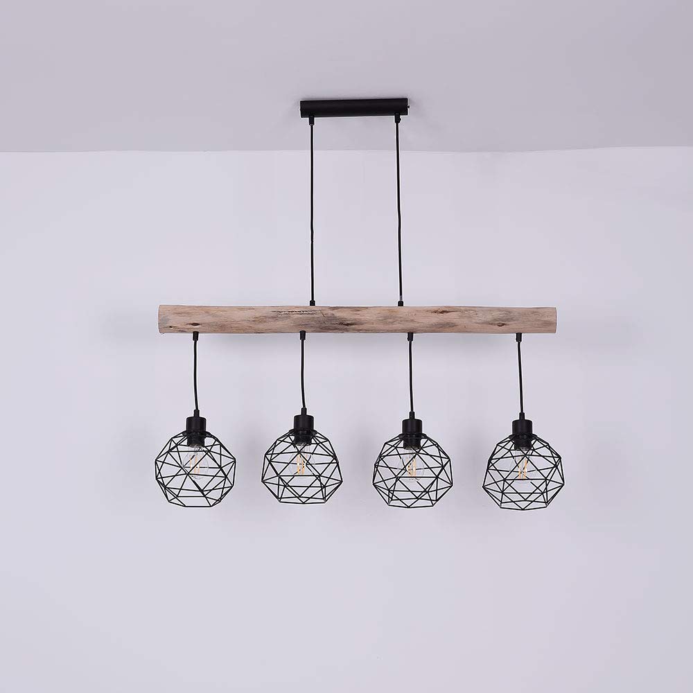 RETRO Pendelleuchte Holz/Gitter – Schwarz, 3x E27, 140 Cm Hoch, Vintage-Stil